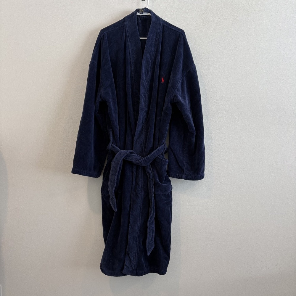 Polo Ralph Lauren Robe Mens XL Navy Blue Solid Velour Kimono‎ Sleepwear Cruise